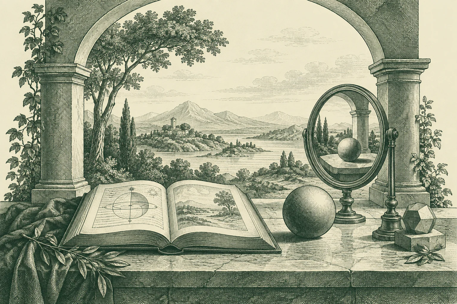 A philosophical still life: an open book, a sphere and its reflection, and an archway opening onto a distant landscape, rendered as a green engraving.